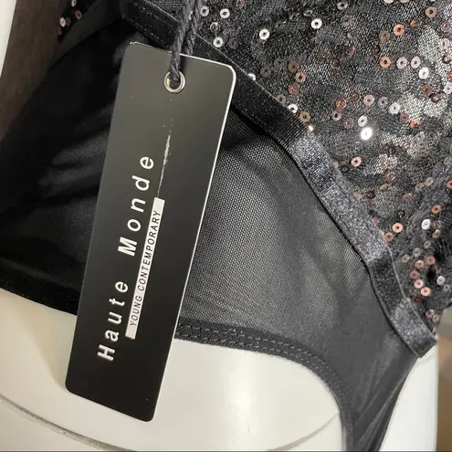Haute Monde  Black Mesh Cheetah Sequin Bodysuit