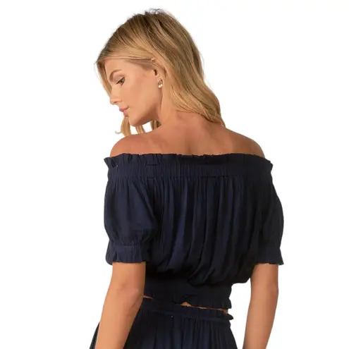 Elan New  Navy Blue Gauze Off The Shoulder Top Blouse Short Sleeve Beach Size M