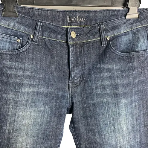 Bebe  Cropped Denim Jeans 32 Med Wash Mid Rise Embellished Pockets Button Zip - Image 2