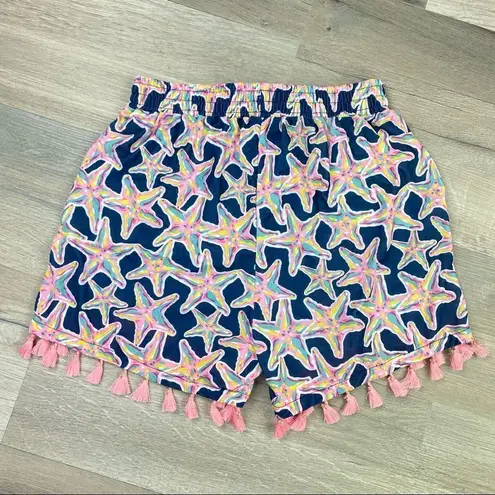 Simply Southern  Tassel Hem Starfish Print Elastic Waist Shorts Blue Pink S/M