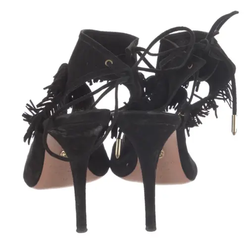 AQUAZZURA BLACK SUEDE "SEXY FRINGE" STILETTO HEEL SHOES WITH FRINGE (35.5)