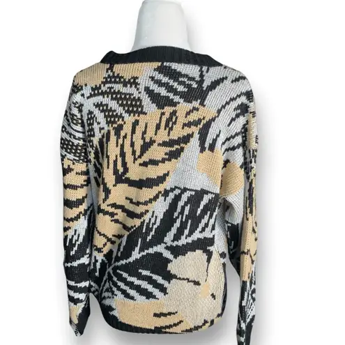 Vintage Black Beige Metallic Leaf Sweater Abstract Knit Metallic Thread USA Size L