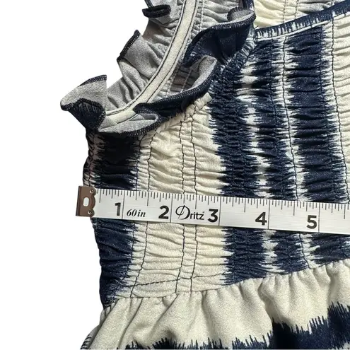 VOY Navy Blue White Striped Smocked Midi Dress Keyhole Short Sleeve medium