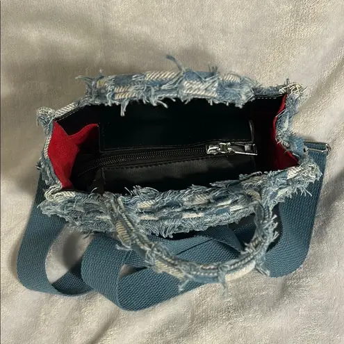 Blue Denim Checkered Crossbody Bag with Adjustable Strap