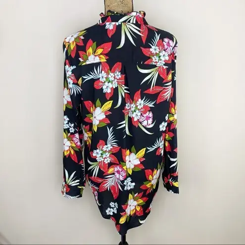 Life Style Tropical Floral Palm Print Ruffle Collar Button Down Shirt Black L Black Size L