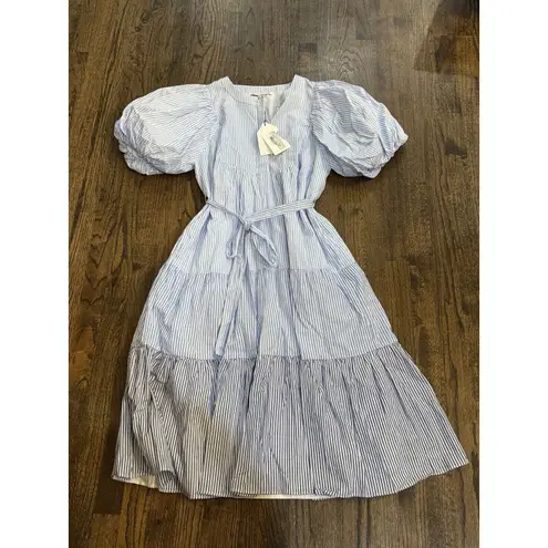 English Factory PUFF SLEEVE MIDI DRESS Size Medium Tiered Blue Stripe Belted