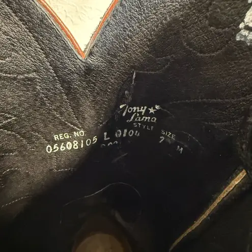 Tony Lama Vintage Cowboy Western Boots Cognac Brown & Black Leather Inlay Size 7