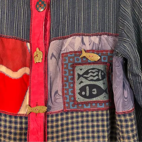 Vintage Faith Patchwork Fish Blazer Jacket Wooden Buttons Size Medium Cropped Red