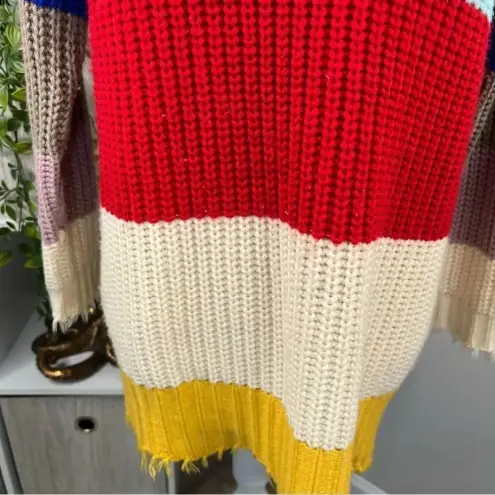 Dress Up  Colorful Striped Tunic Sweater V Neck Frayed Trim Size S