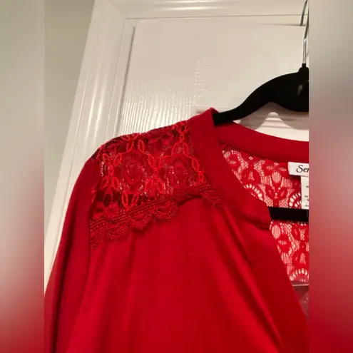 NWT Serengeti Size 1X Red Lace 3/4 Sleeve Henley Pintuck Pleated Tunic Top