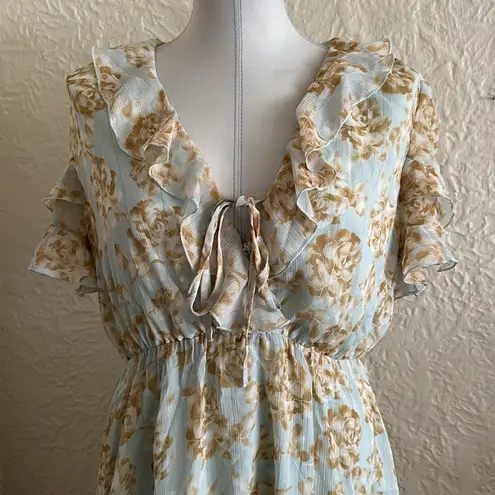 Lulu’s Dreaming of Romance Mint Blue Floral Ruffle Metallic Dress Medium