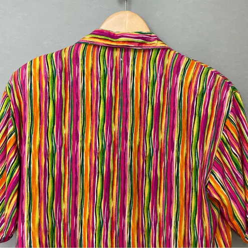 Vintage Top Striped Colorful Women Orange Shell Buttons Rayon Eclectic Casual
