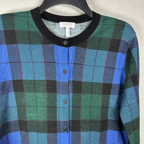 Escada Sport Sweater Womens Medium Blue Green Plaid Virgin Wool Knit Cardigan