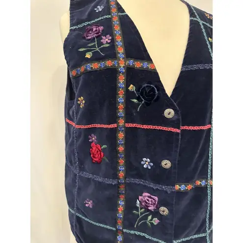 Vintage 90s Navy Blue Velour Velvet 100% Cotton Floral Patchwork Vest Size L Size L