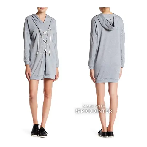 Vanity Room Lace Up Sweatshirt Dress XS Grey Tied Neck Gray