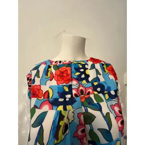 Boutique floral red blue yellow burst 70s theme pattern short sleeve tunic M Size M