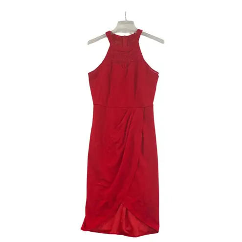 Red Lace Halter Midi Dress BBonfinedress Ruched Tulip Hem Cocktail Womens M NWOT Size M