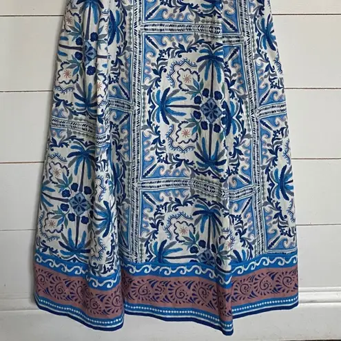 Avec Les Filles Sleeveless Blue Palm Tile Sweetheart Neckline Midi Dress 12 -NWT