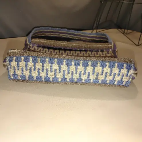 Handwoven Wool Shoulder Bag Blue White Brown Stripes Wood Button Closure Vintage