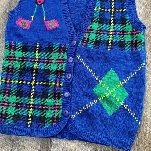 Vintage 90s Cottagecore Golf Plaid Knit Sweater Button Vest Size Small Unisex Blue