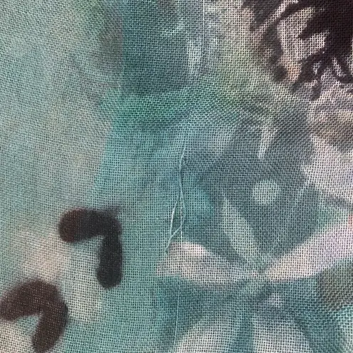 None Sarong Scarf Bright Turquoise Black Rose Floral Fringe Boho Gypsy Colorful