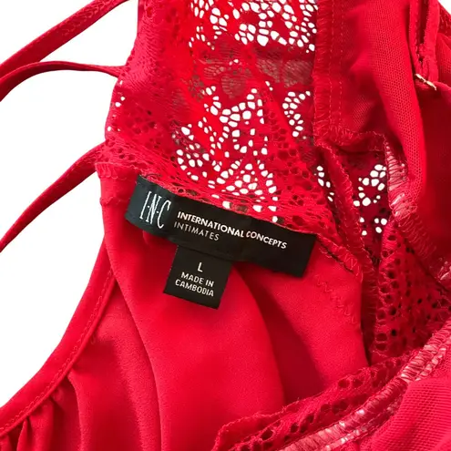 INC Red Lace Trim Robe & Chemise Set L Womens Intimates Sleepwear Polyester/Span Size L