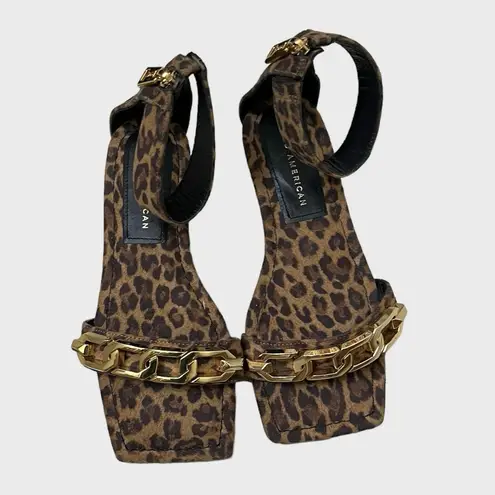 Good American  leopard ankle strap sandal with gold chain NEW