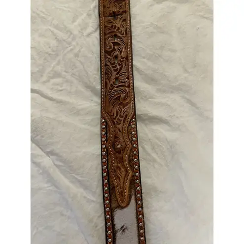 Vintage Hand Tooled Leather Belt Western Size 34 Silver Buckle Authentic Boho Brown