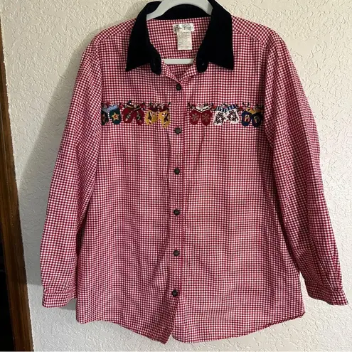 Bobbie Brooks Red Gold Checkered Plaid Mitten Holiday Blouse 18W/20W 2X Velvet C