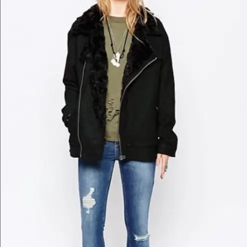 Free People  Asymmetrical Full-Zip Faux Fur Collar Moto Jacket