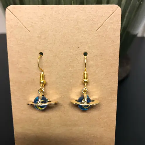 Glittery Blue Saturn Planet Earrings Gold