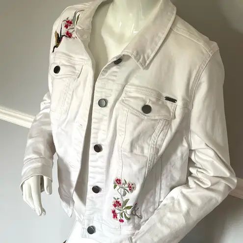 GILLI Women’s White Embroidered Denim Jacket Size 16 US | Floral & Bird Design