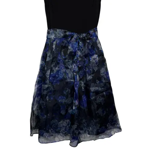 Eliza J Fit and Flare Dress Black with Floral Organza Skirt Belted, size 4