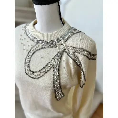 Vintage Cream Crewneck Silver Beaded Bow Sweater