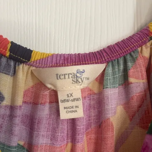 Terra & Sky 😇 Boho Multicolored Puff Sleeves Babydoll Top, Size 1X (16W-18W)