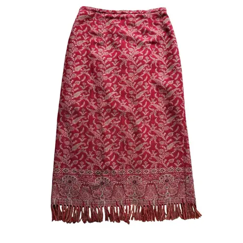Vintage Nouveaux Red Paisley Print With Fringe Hem Straight Maxi Skirt Size 10