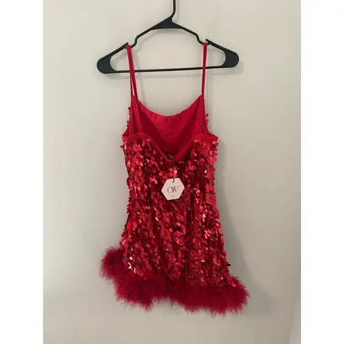 New OW Collection Luna Sequin Feather Red Holiday Dress Size Large