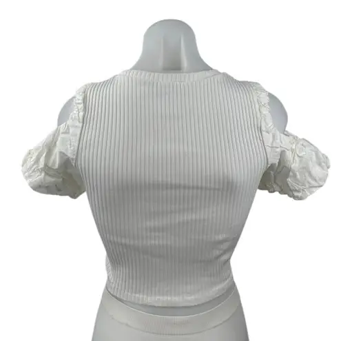 ZARA  Women's White Cold Shoulder Short Sleeve Rib Knit Blouse Crop Top Size S