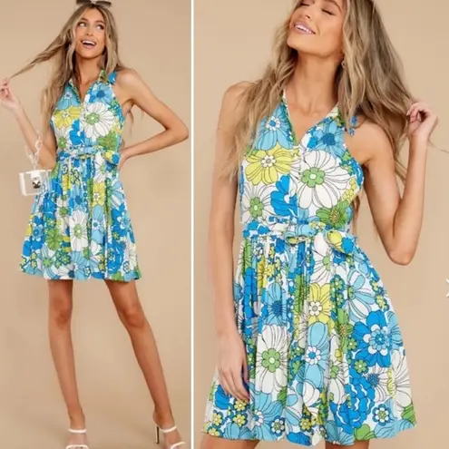 Aura Naturally Joyful Blue Multi Floral Print Mini Dress w/ Pockets - Sz Small