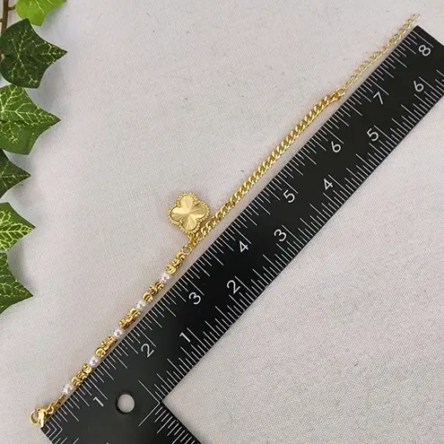 Gold Filled Bracelet with Faux Pearls And Quatrefoil Flower Clover Charm