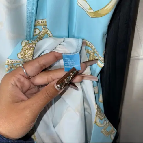 J. McLaughlin Sky Blue Gold Chain Print Sleeveless Sheath Dress