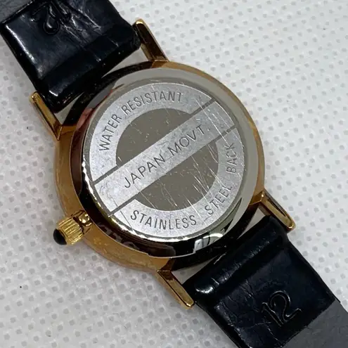 Vintage women gold tone watch quartz analog 22mm round black leather running