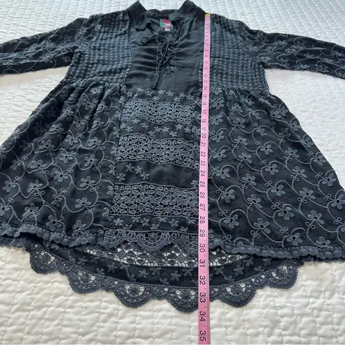 Johnny Was Eyelet Long Sleeve Black and Gray Embroidered Lace up Top /Dress