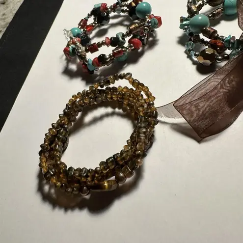 Lot Of 3 Beaded Spiral Wrap & Stretchy Set Assortment Bracelets Brown Blue Mix
