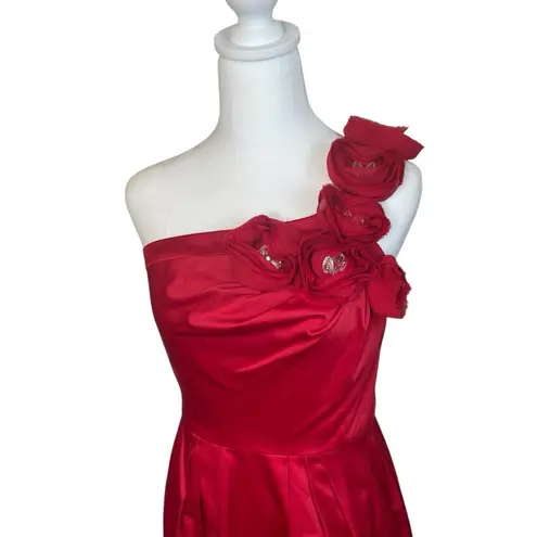 Bisou Bisou Red Satin One Shoulder Rosette Jewel Cocktail Dress Size 8 Dance EUC