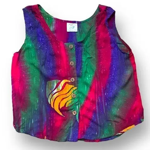 Vintage Young Fashion Top Multicolor Batik Rainbow Fish Print Scoopneck Tank Pink