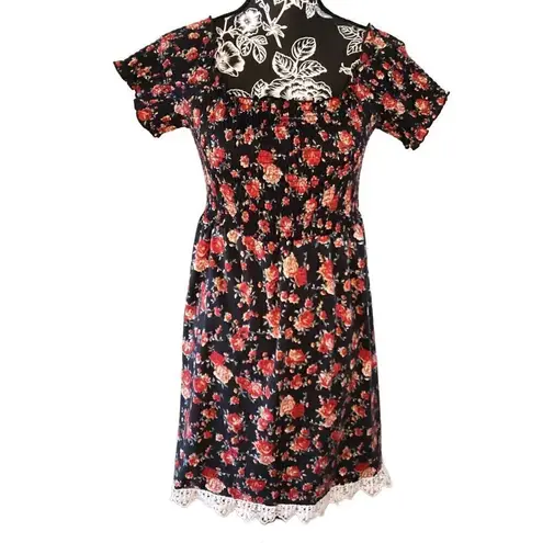Bobbie Brooks Floral Dress Boho Bohemian Cottage Pinup Style Red Size L