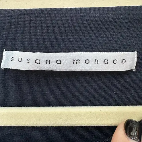 Susana Monaco navy blue dress, chest & back cutout, body con A line, cap sleeve