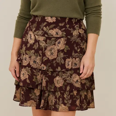 American Living Burgundy Chiffon Floral Ruffle Tiered Skirt Size 8 Preppy