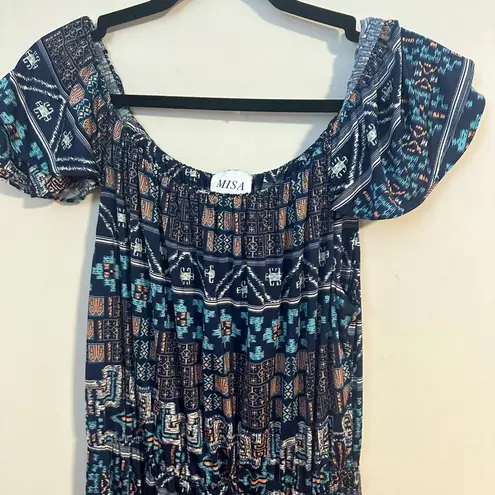 MISA Los Angeles  Jersey Aztec print cap ruffle sleeve maxi dress Resortwear